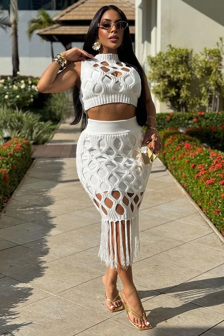 Knit Cutout Crop Vest Fringe Midi Skirt Vacation 2pcs Set-White [Pre Order]