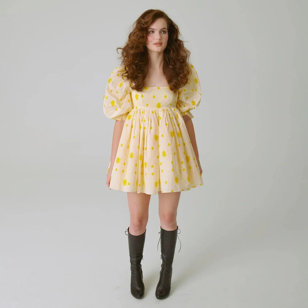 Brownm Printed Square Collar Lantern Short High Waist Sleeve Women's Backless Puffy Dress