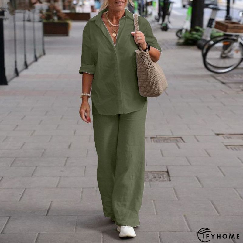 Shirt Collar Long Sleeve Buttoned Two Pieces Two Piece Set Set | IFYHOME