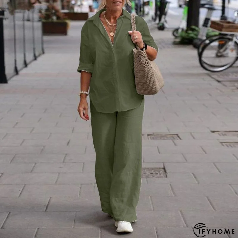 Shirt Collar Long Sleeve Buttoned Two Pieces Two Piece Set Set | IFYHOME