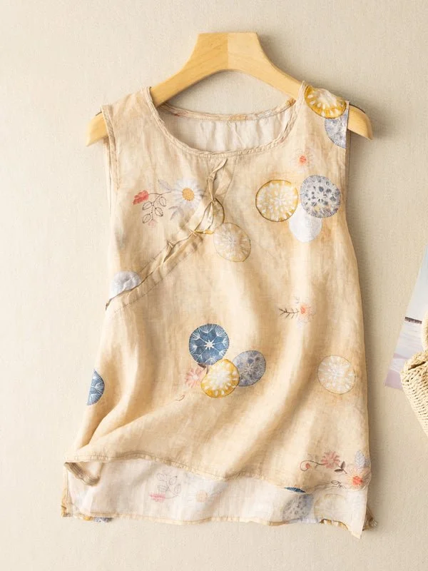 Loose Casual Vintage Printed Sleeveless Linen Vest