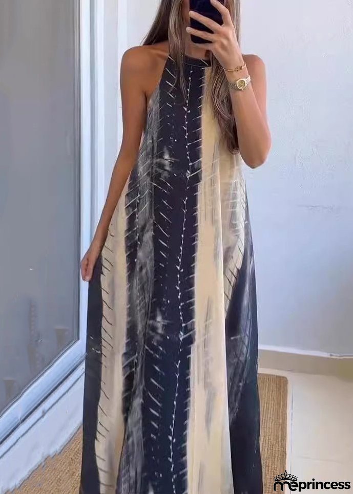 New Colorblock Backless Print Cotton Maxi Dress Sleeveless