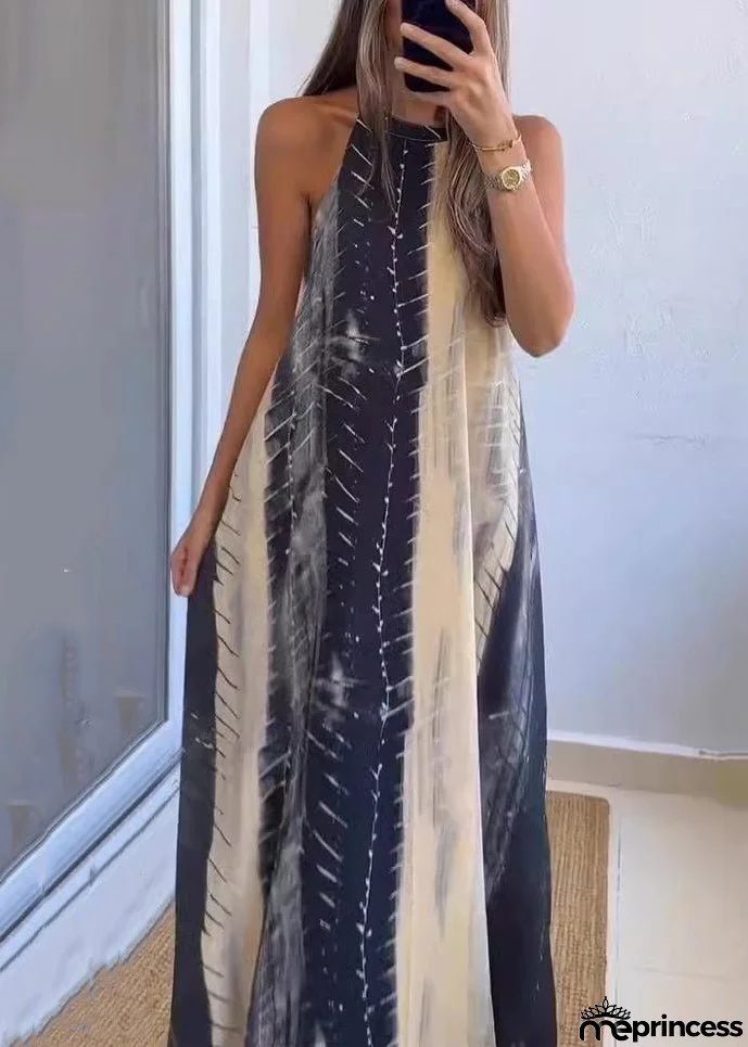 New Colorblock Backless Print Cotton Maxi Dress Sleeveless