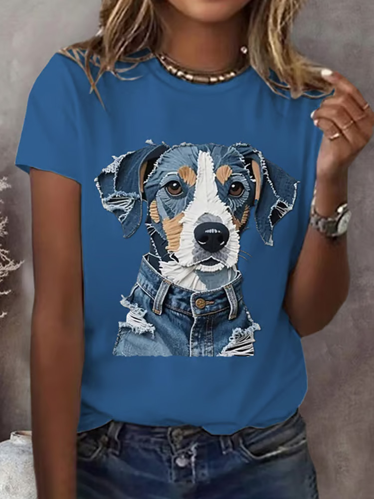 Women's Retro Funny Denim Patch Animal Dog Print T-shirt wearshes