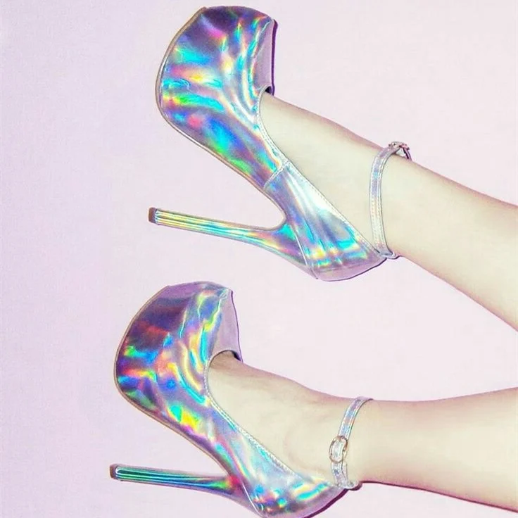 Shoes | Holographic Silver High Heel Sandals Open Toe Ankle Strap | Poshmark