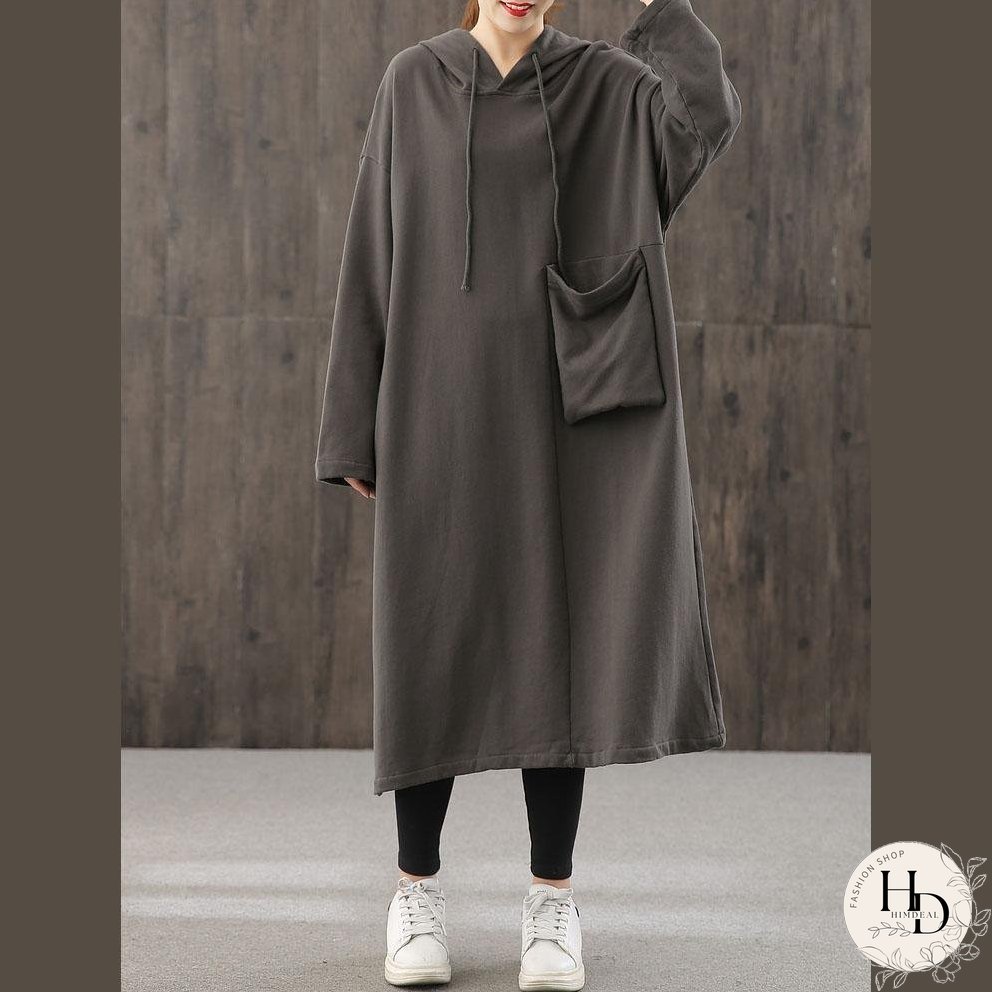 Women hooded pockets fall quilting dresses Wardrobes black loose Dresses