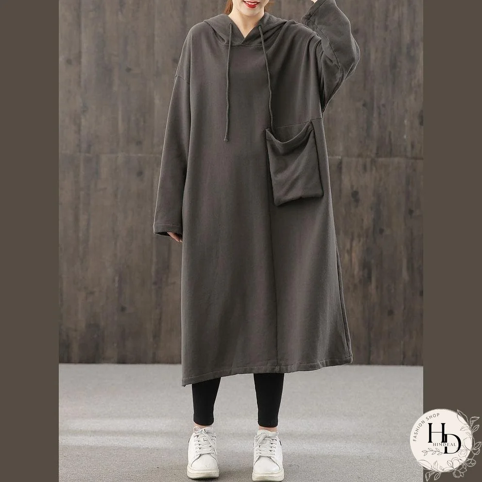 Women hooded pockets fall quilting dresses Wardrobes black loose Dresses