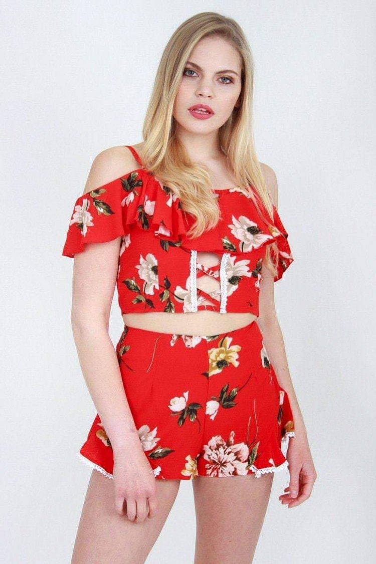 Red Flounce Cold Shoulder Floral Co-ord Katch Me
