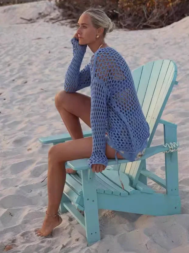 Uveng Uveng Hollow Beach Knitted Shirt Summer Seaside Vacation Long-Sleeved Sunscreen Cover