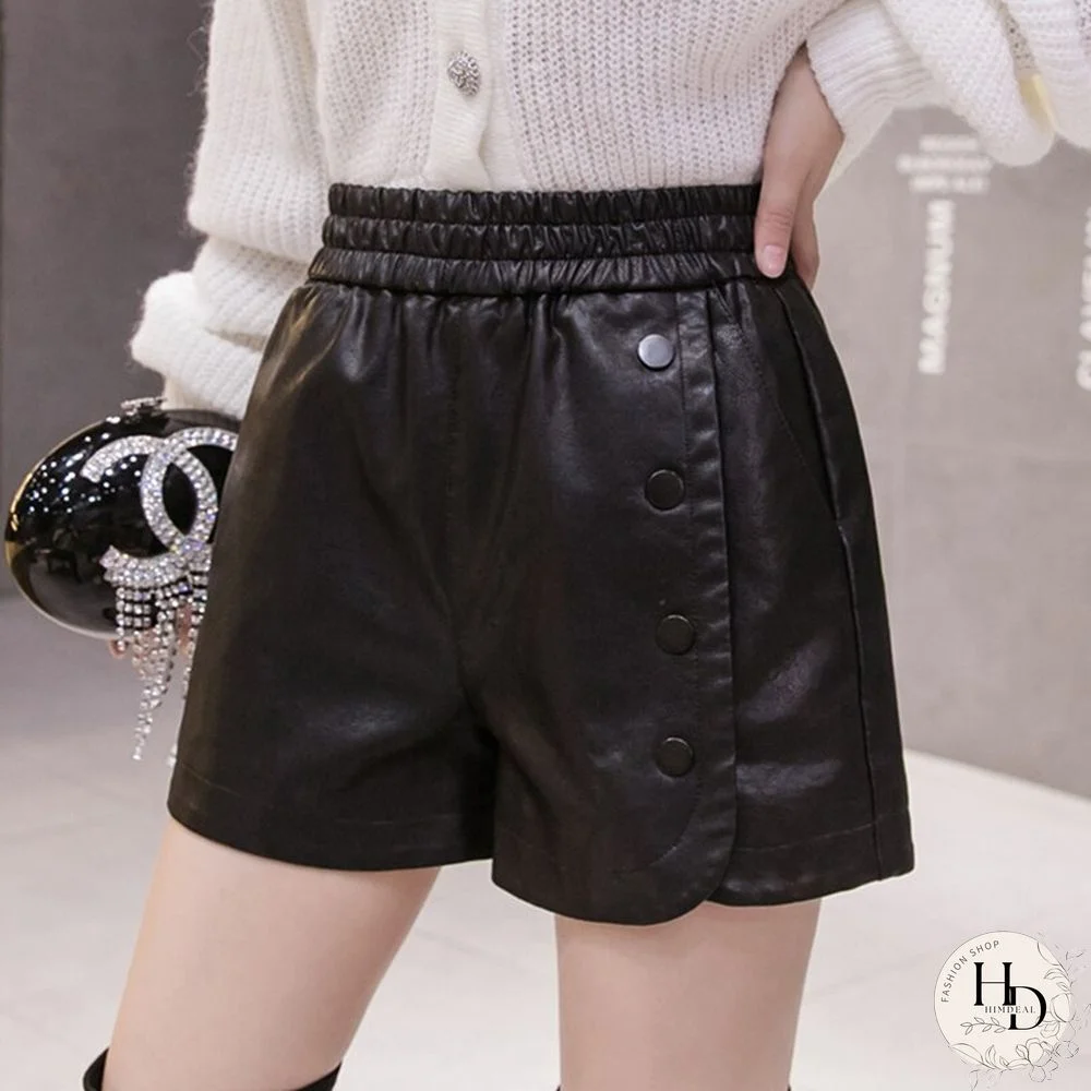 Fall New Elastic High Waist Pu Leather Shorts Women Fashion Casual Black Pants Female Elegant Pockets A Line Biker Shorts Mujer