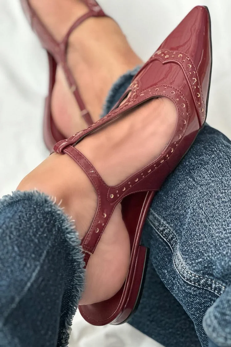 T-Strap Buckle Patchwork Pointed Toe Burgundy Flats [Pre Order]