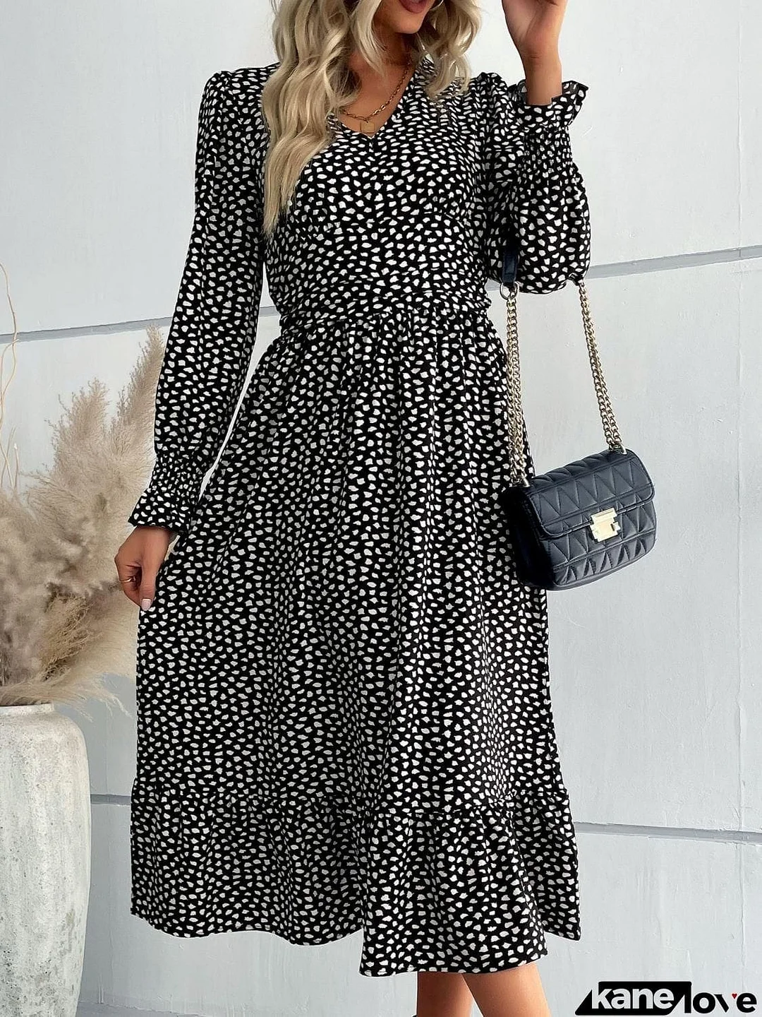 Printed Flounce Sleeve V-Neck Midi Dress
