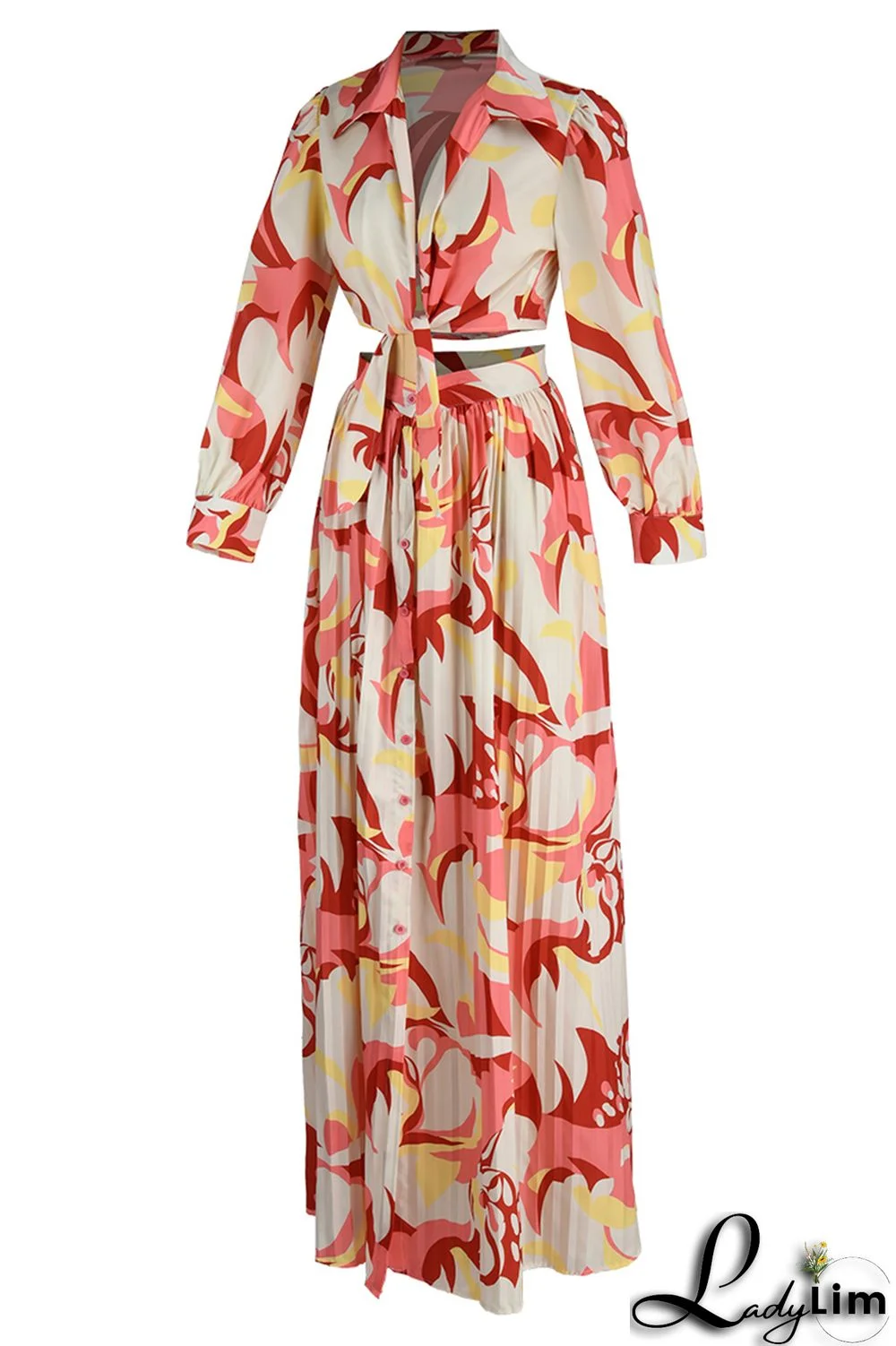 Red Fashion Casual Print Bandage Slit V Neck Long Sleeve Dresses