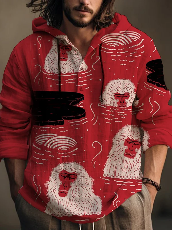Men's Relaxing Monkeys Macaque In Water Art Printed Hooded Long Sleeve Shirt