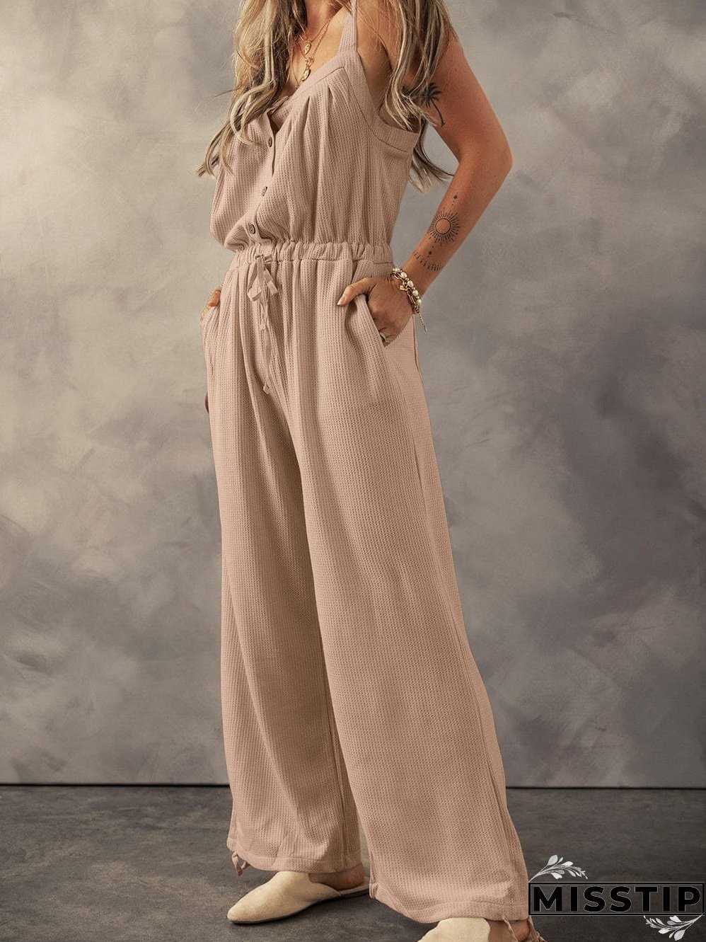 Textured Waffle Knit Pale Khaki Drawstring Jumpsuit with Knotted Straps