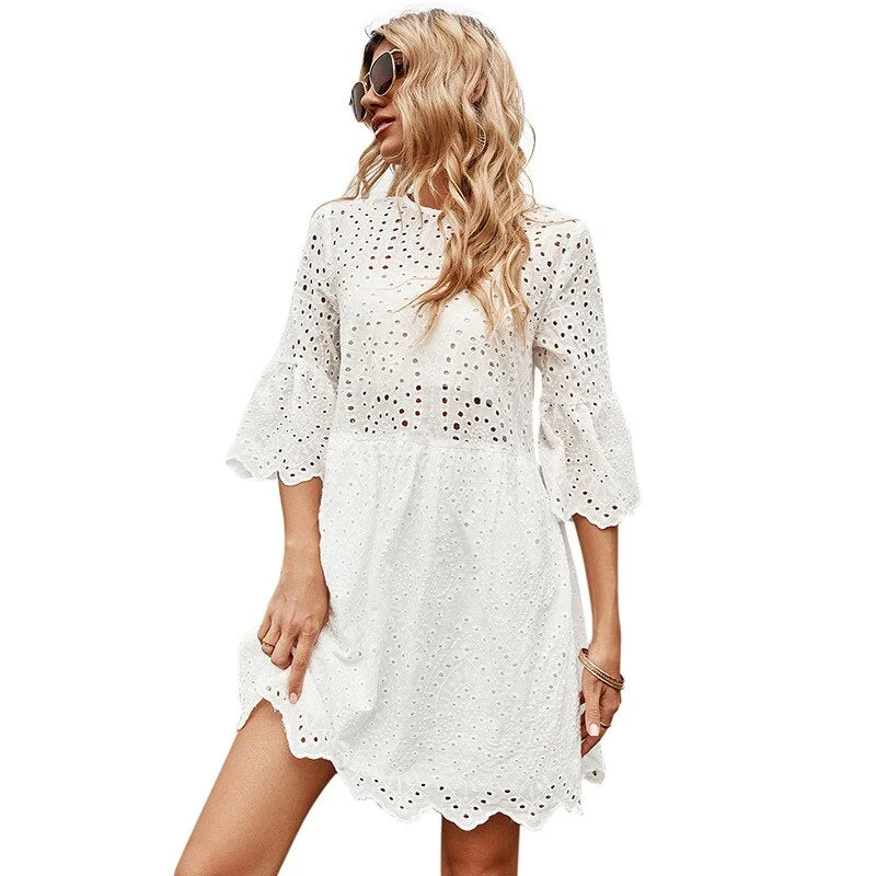 Women Elegant Embroidered Lace Dress White Female Splicing Dress Floral Hollow Out Loose Casual Party Vestidos