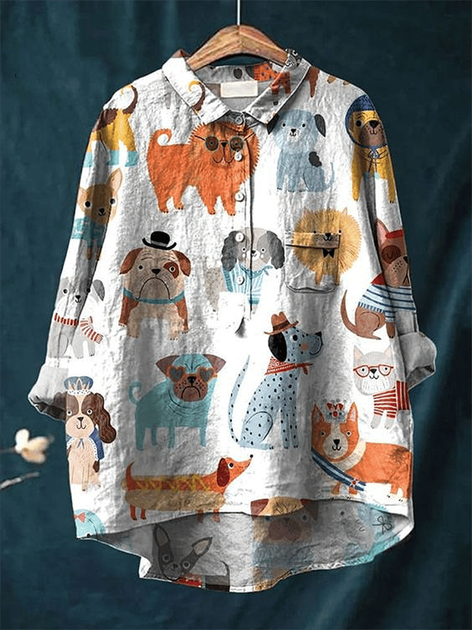 Womens Puppy Print Casual Cotton And Linen Shirt