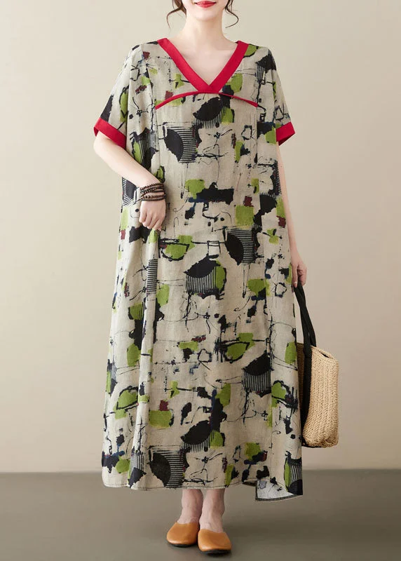 Plus Size Green V Neck Print Patchwork Linen Long Dresses Summer