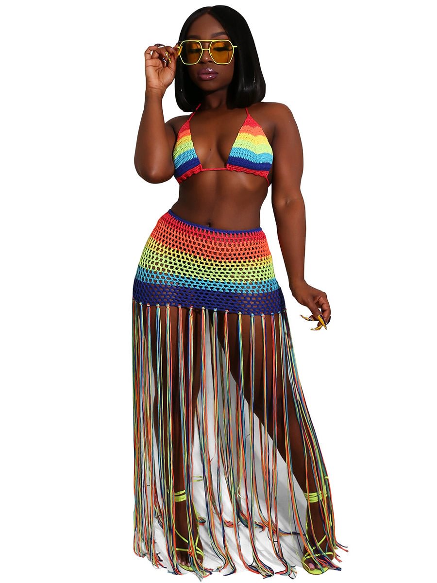 Ladies Swimwear Hand Knitted Backless Tassel Rainbow Color Split Swimsuit