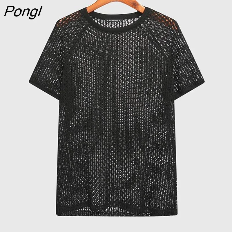 Pongl Men T Shirt Solid Color Hollow Out See Through Streetwear Short Sleeve O Neck Tops Vacation Casual Sexy Camisetas INCERUN