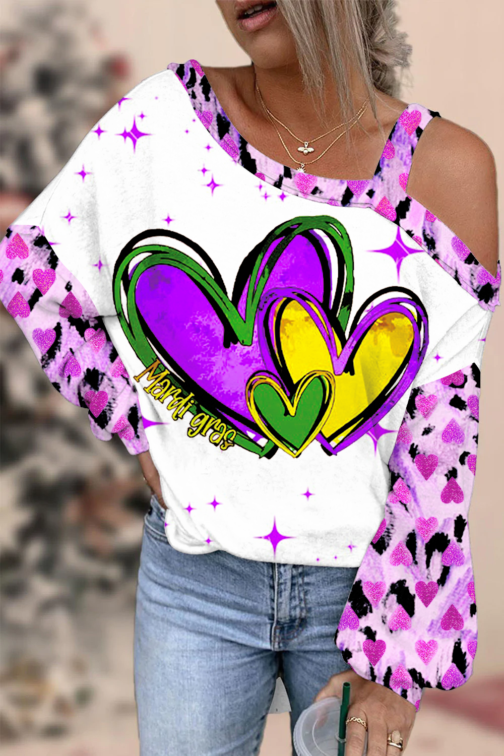 Happy Mardi Gras Heart Off-Shoulder Blouse