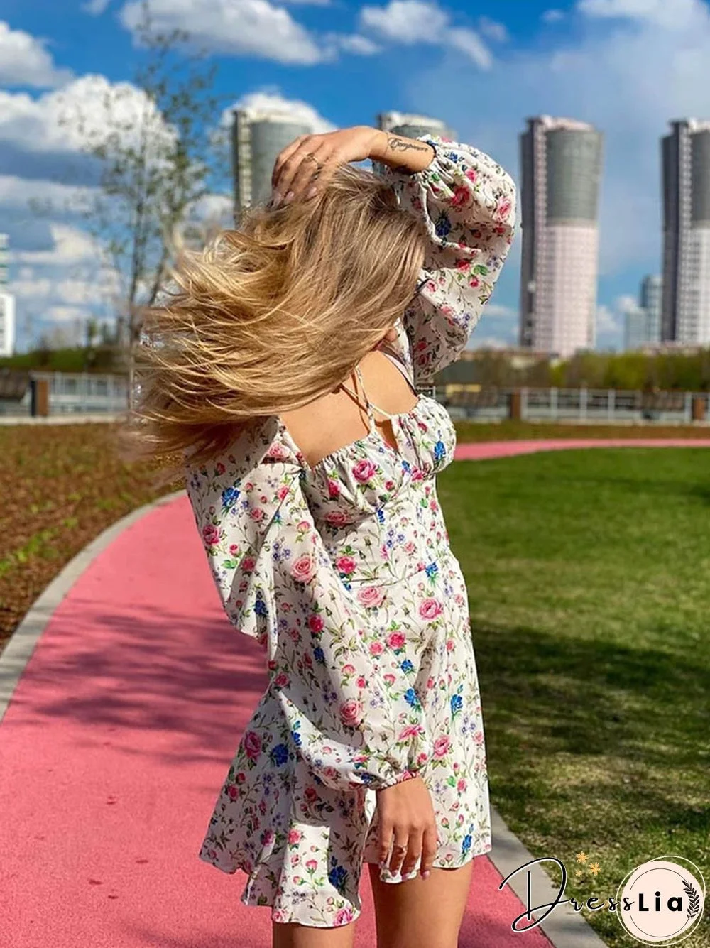 Floral Dress Women Lantern Long Sleeve Ruched Print A Line Square Neck Tie Up Mini Vestidos Sexy Chic Summer Beach Dress