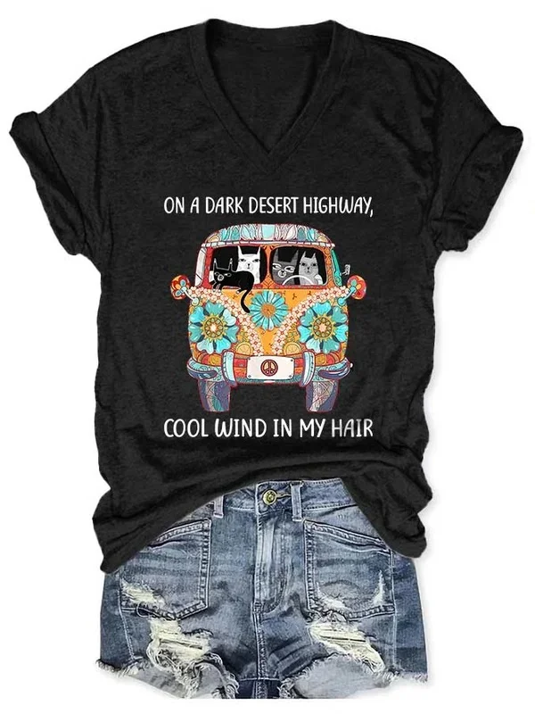 Retro Hippie On A Dark Desert Highway Cool Wind In My Hair Print T-Shirt socialshop