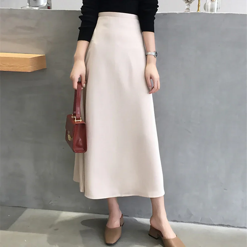 Jangj New 2021 Elegant Women Skirt Casual All-match Office Lady Skirts High Waist Zipper Simple A-line Solid Skirts Female Long Skirt