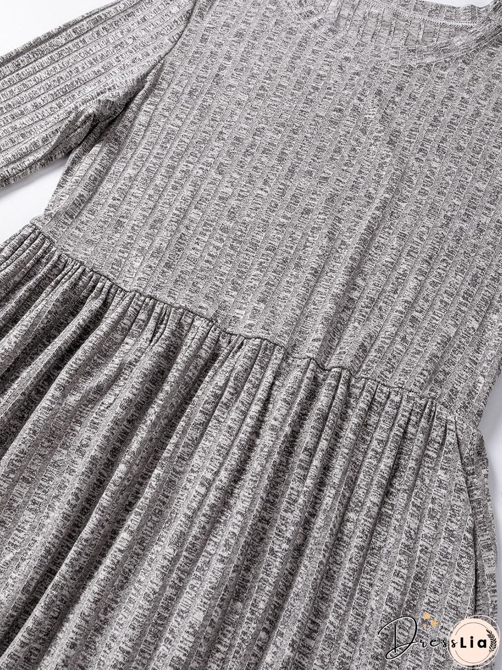 Textured Gray Ruffle Detail A-Line Midi Dress