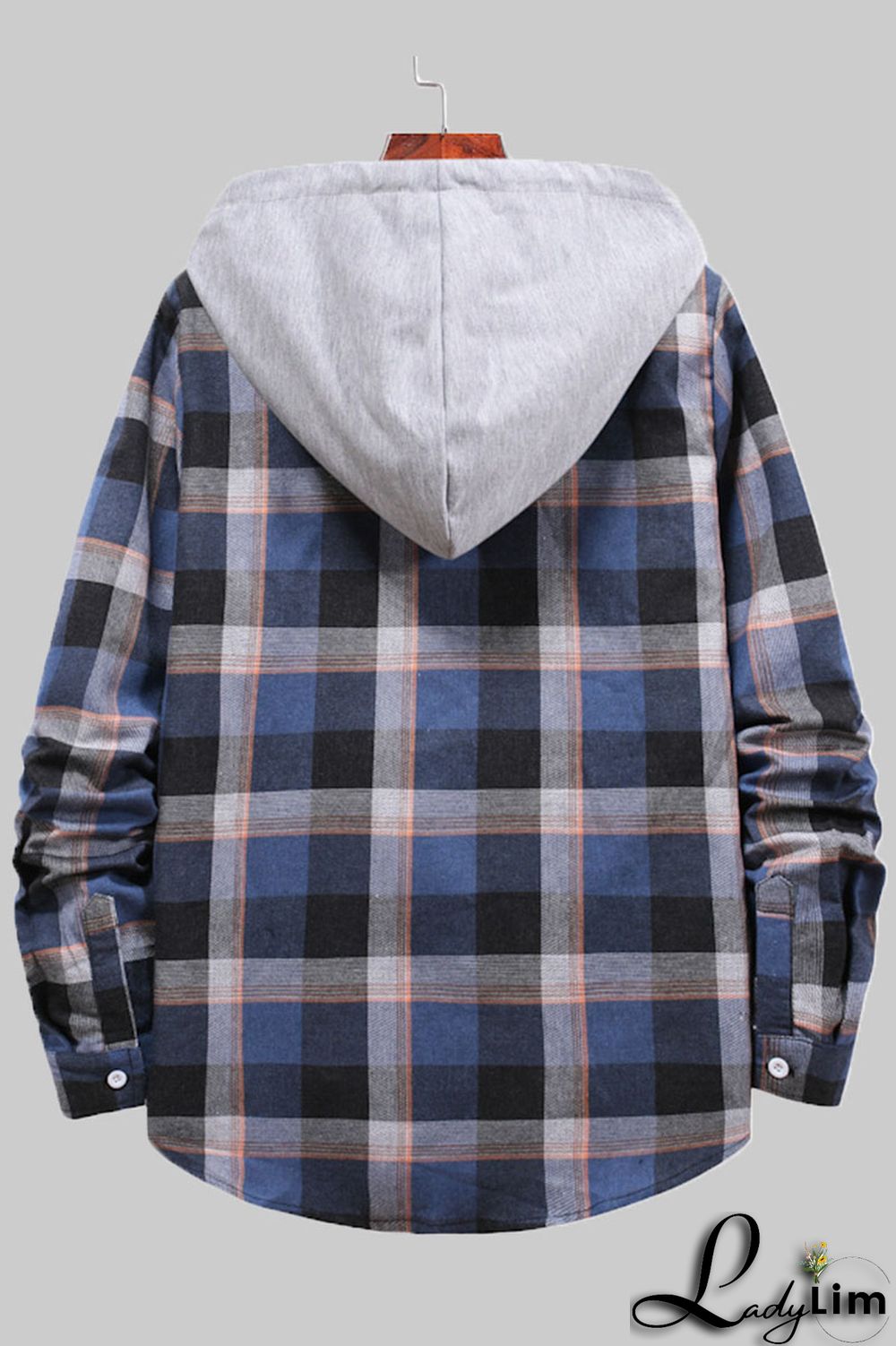Blue Fashion Casual Plaid Split Joint Hooded Collar Outerwear