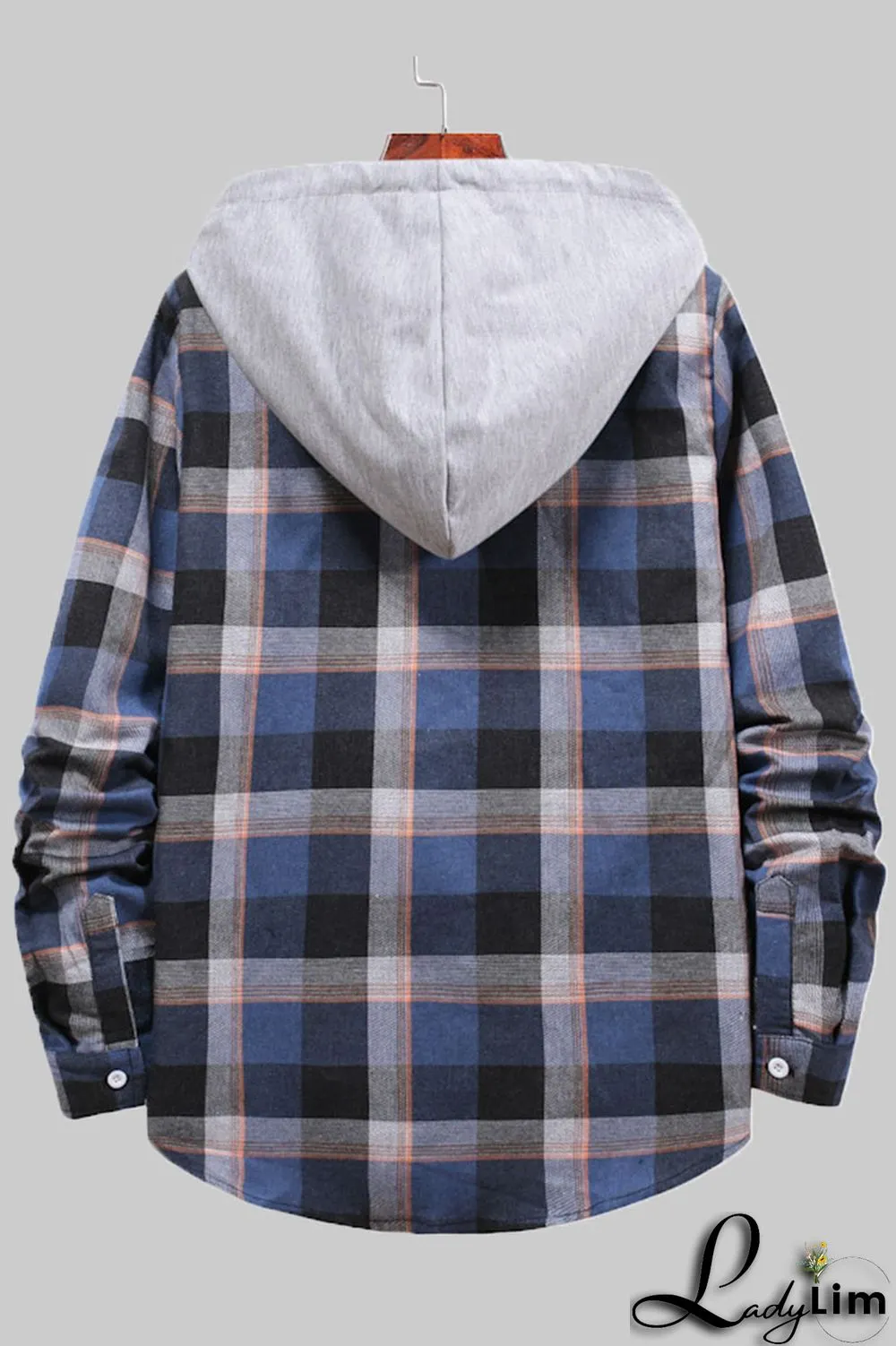 Blue Fashion Casual Plaid Split Joint Hooded Collar Outerwear