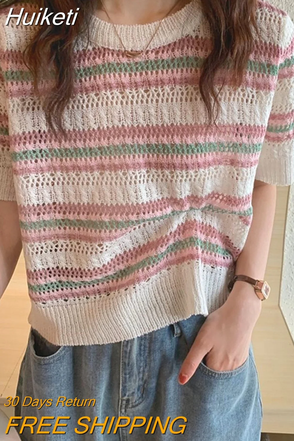 Huiketi Out T-shirts Women Knitted Summer Cozy Striped New Fashion Leisure Young Office Female Korean Style Sweet All-match Chic