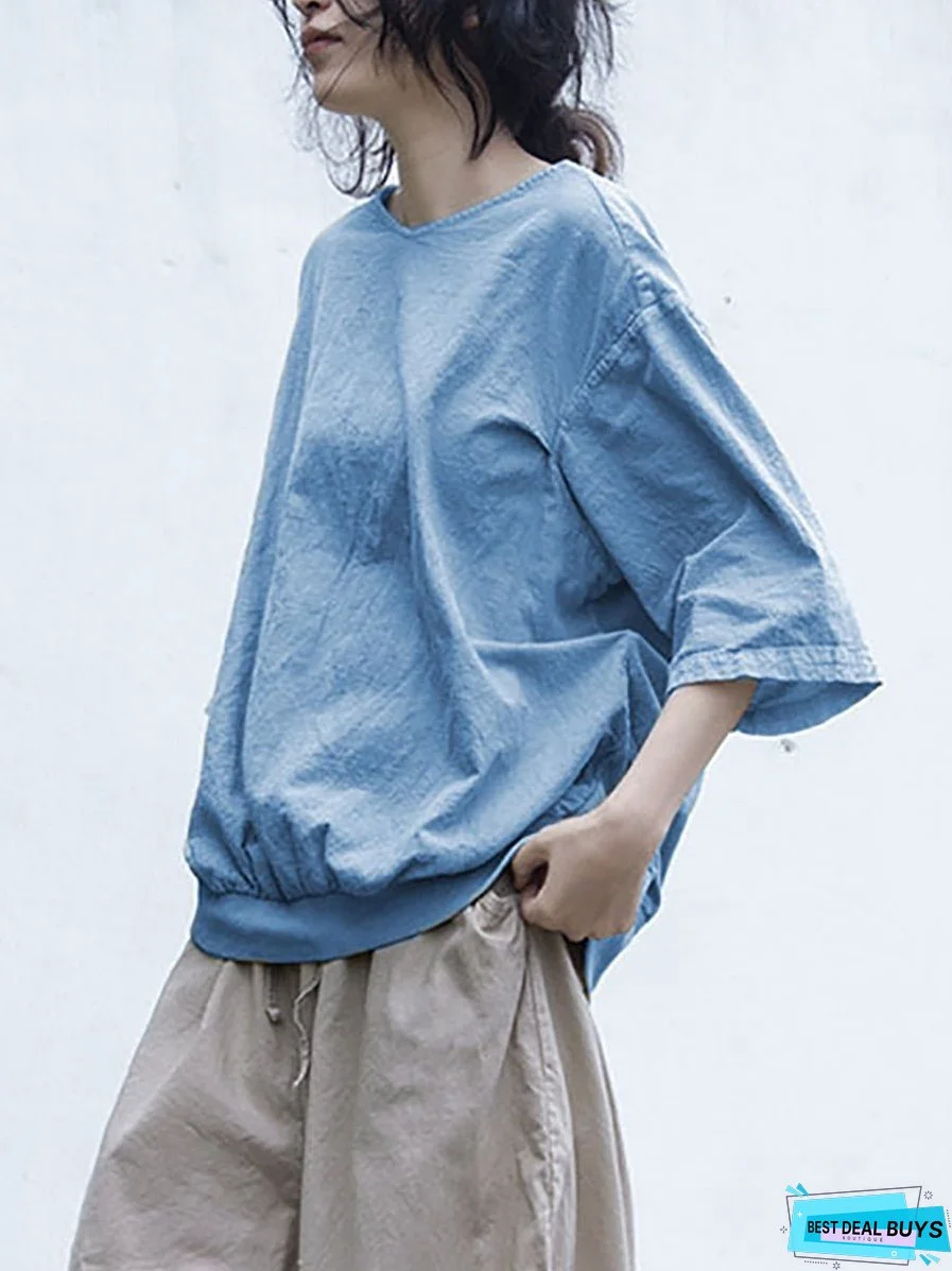 Women Summer Casual Solid Loose Cotton V-Neck Shirt