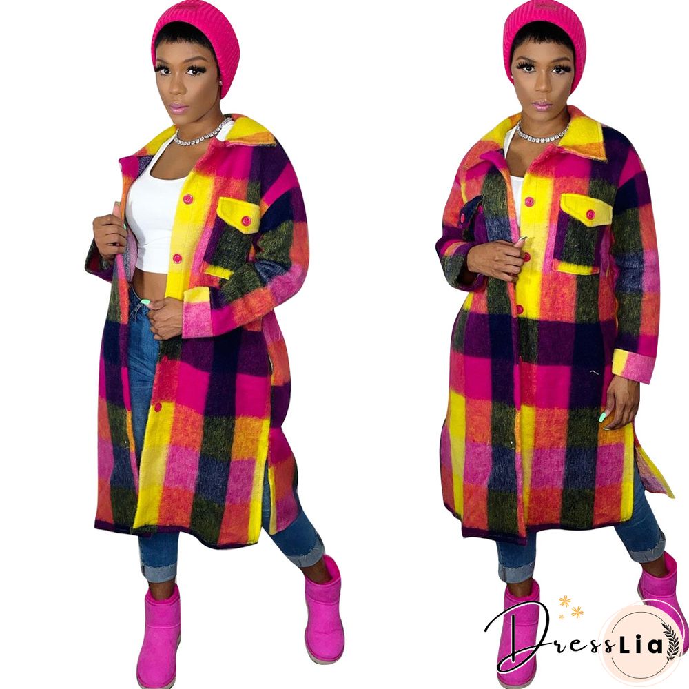 Plaid Lapel Single-breasted Woolen Long Coat