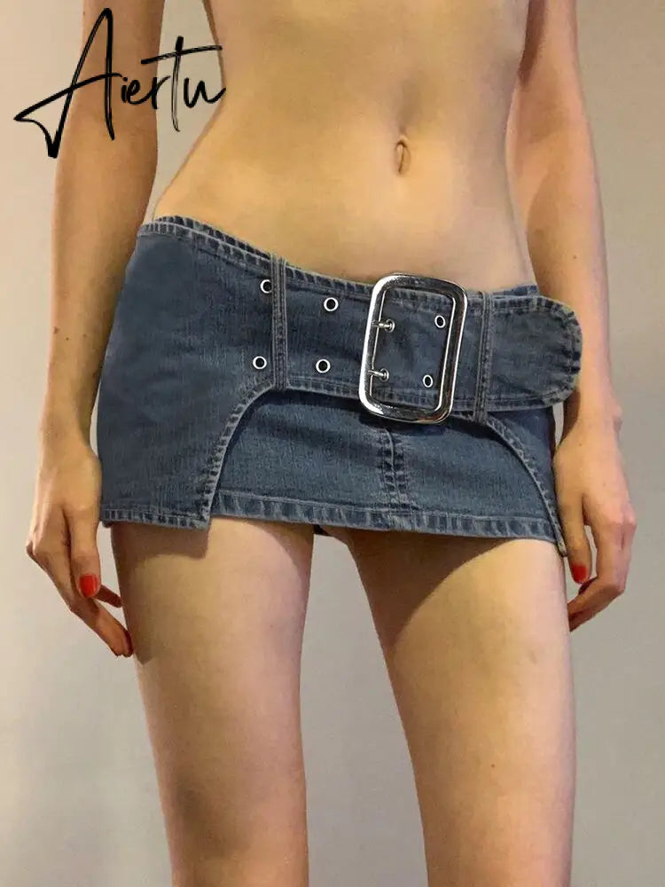 Super Short Mini Denim Skirt Low Rise Basic Belt Jeans Micro Skirts Harajuku y2k Aesthetic Women Vintage Streetwear Aiertu