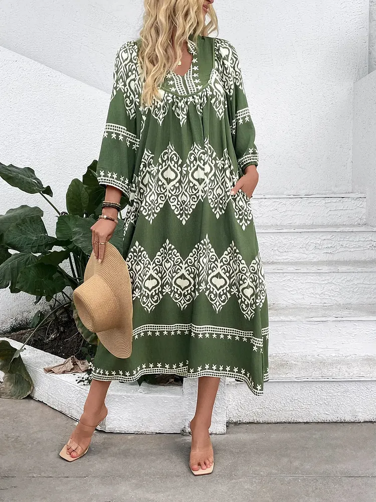 Printed Notched Midi Dress with Pockets