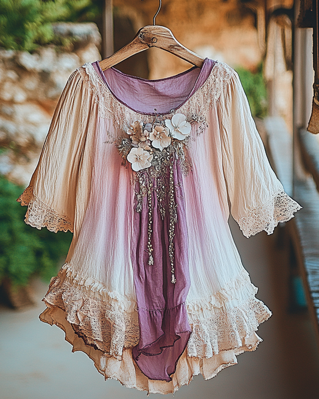 Summer Vacation Ruffle  Lace Patchwork Top