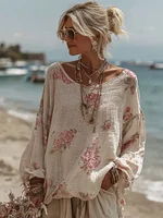 Women's Vintage Pink Rose Print Crew Neck Linen Blend T-shirt