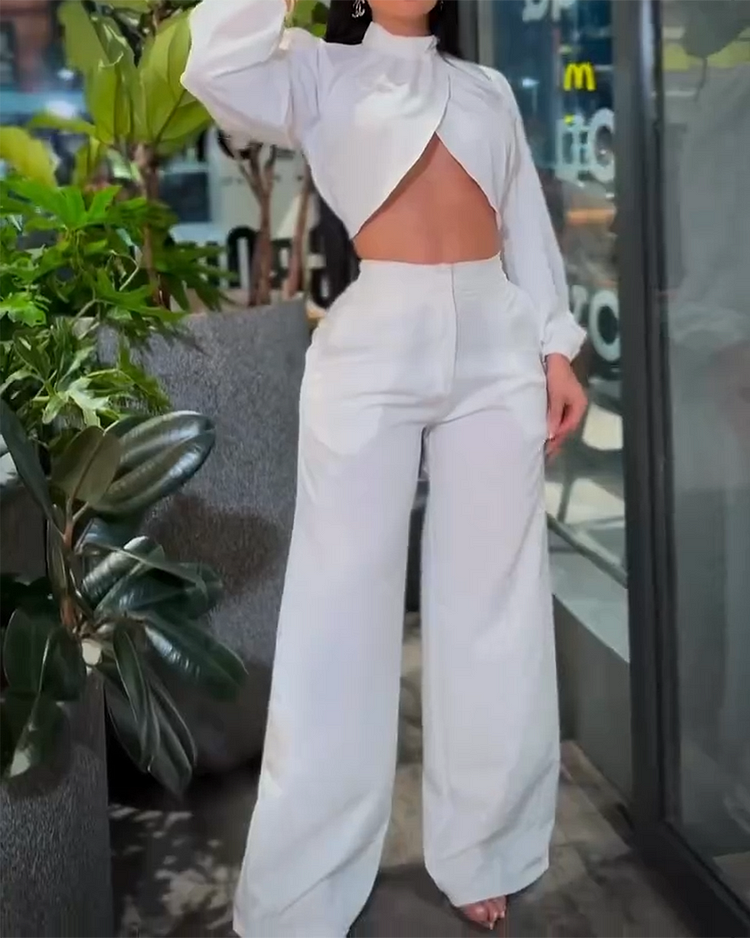 Stand Collar Long Sleeve Top and Pants Two Piece Set