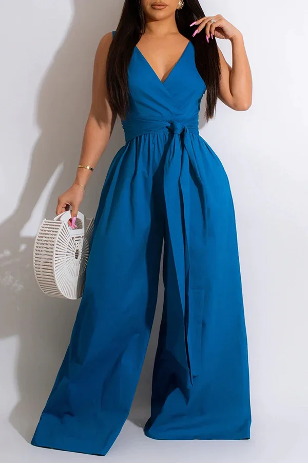  Guchioe Straight Pants Deep V Neck Solid Color Jumpsuit