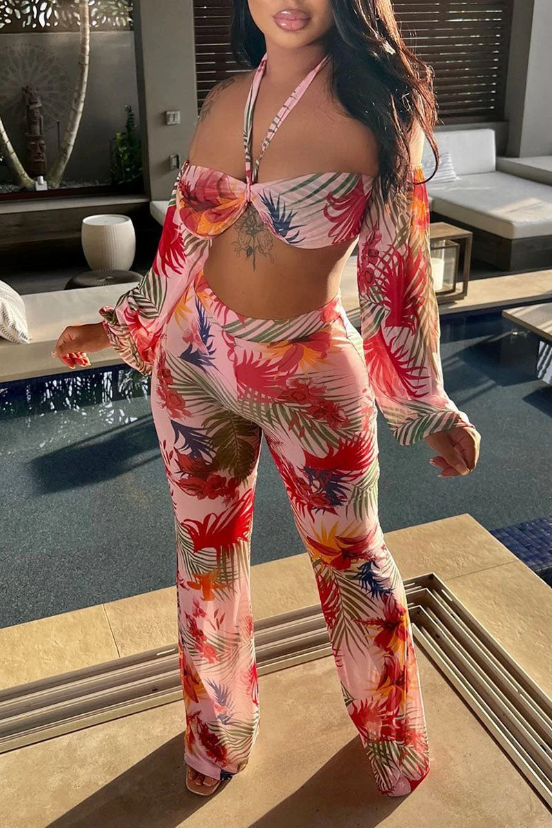 Sexy Print Split Joint Halter Long Sleeve Two Pieces