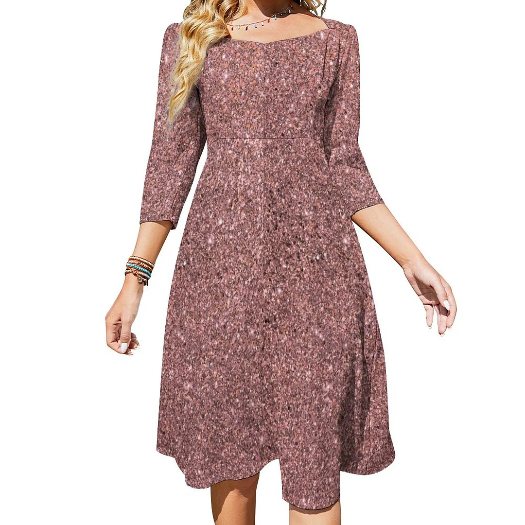 Pink Rose Gold Blush Glitter Sparkle Dress Sweetheart Tie Back Flared 3/4 Sleeve Midi Dresses