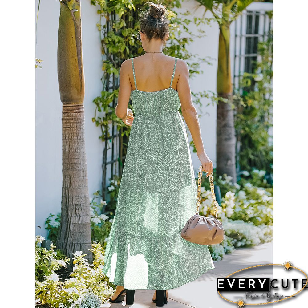 Light Green Wave Point Ruffle Detail Irregular Maxi Dress