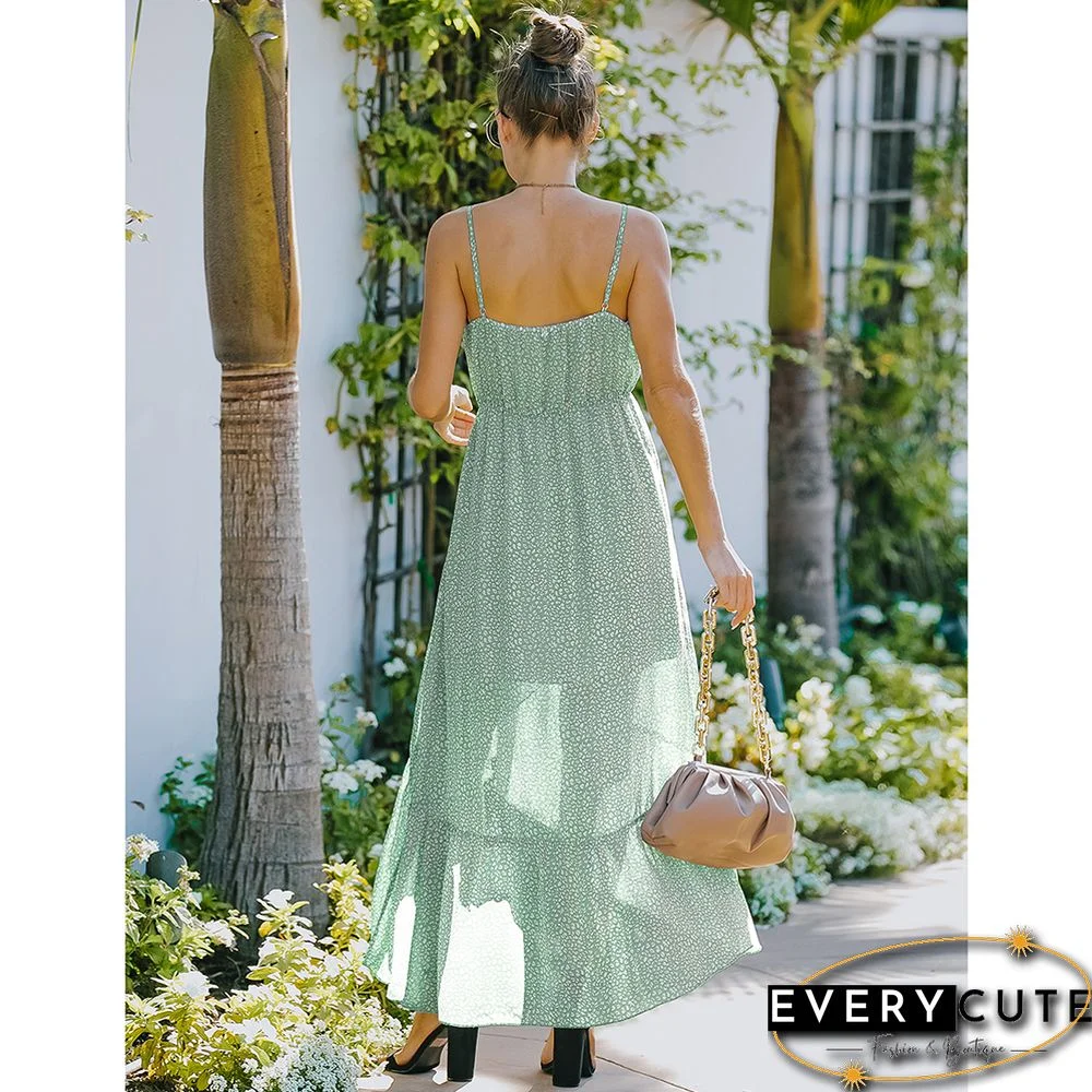 Light Green Wave Point Ruffle Detail Irregular Maxi Dress