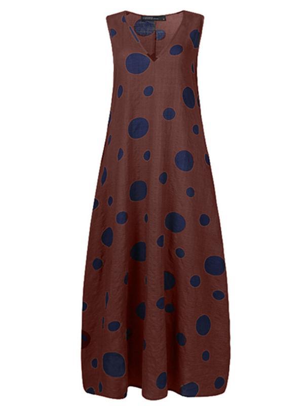 Women's Sleeveless V-neck Polka Dot Maxi Dress