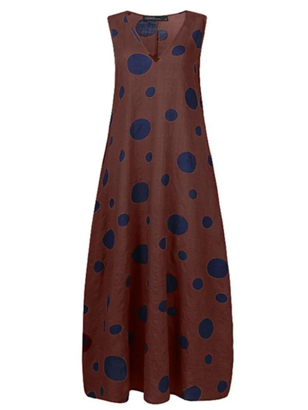 Women's Sleeveless V-neck Polka Dot Maxi Dress