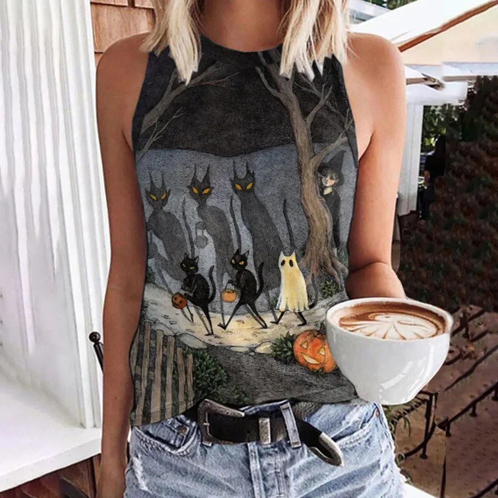 Halloween Pumpkin Black Cat Ghost Print Tank Top