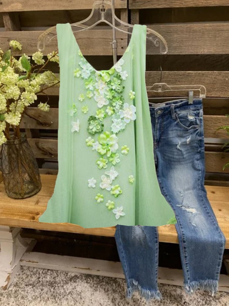 FLORAL SLEEVELESS PRINTED POLYESTER CREW NECK ELEGANT SUMMER GREEN TOP