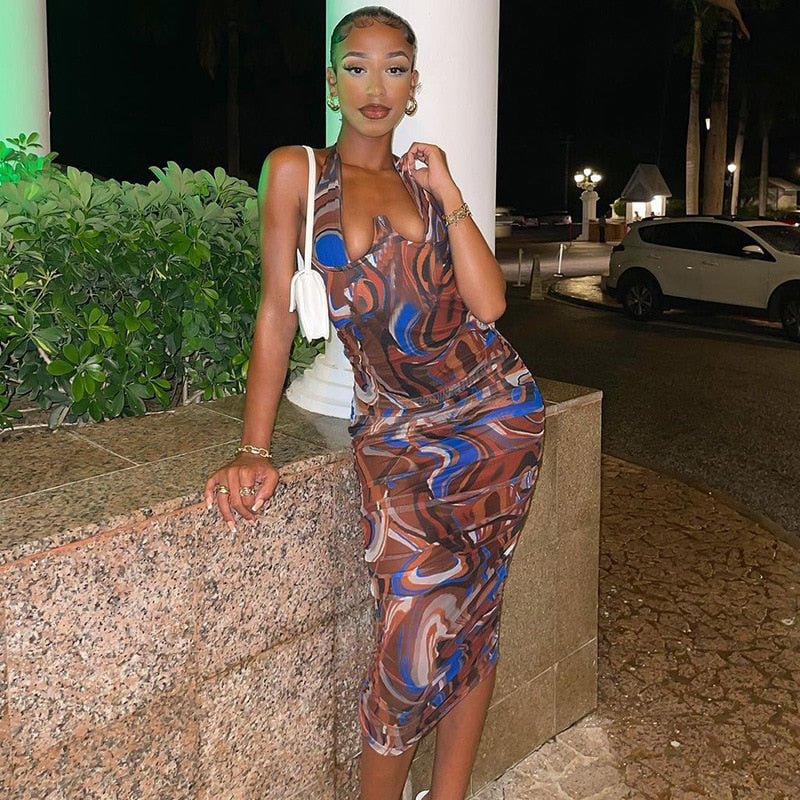 Dulzura Tie Dye Print Women Backless V Neck Halter Midi Dress Ruched Bodycon Sexy Streetwear Party Night Club Y2K 2021 Autumn