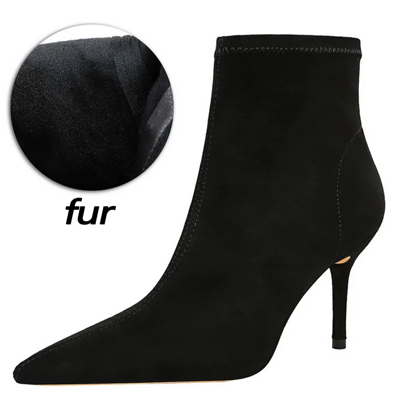 Abebey Shoes Suede Women Boots Fashion Women Ankle Boots Pointed Toe High-heel Boots Sexy Black Short Boots Winter Shoes Warm